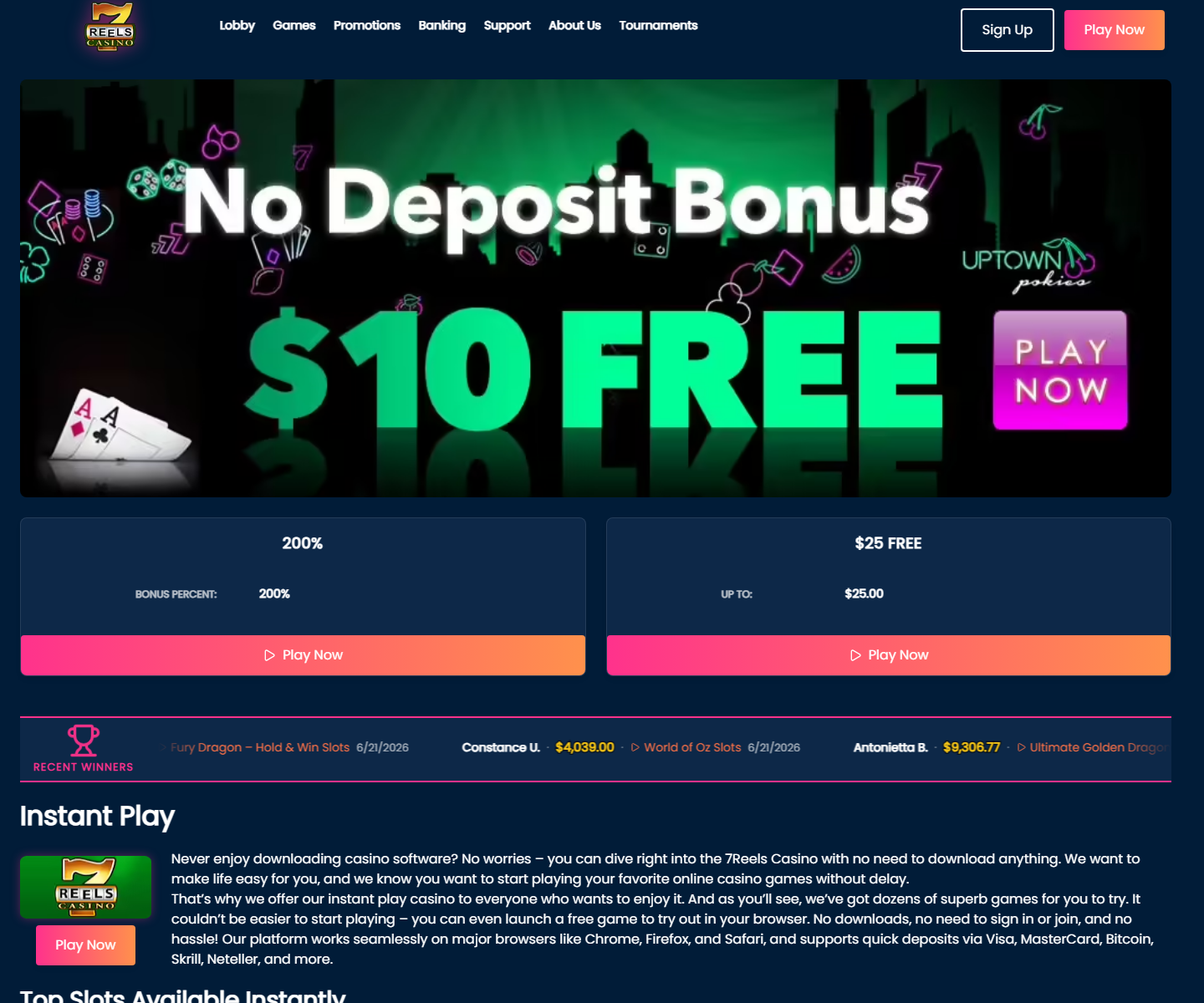 7Reels Instant Play page with no-deposit banner and bonus cards