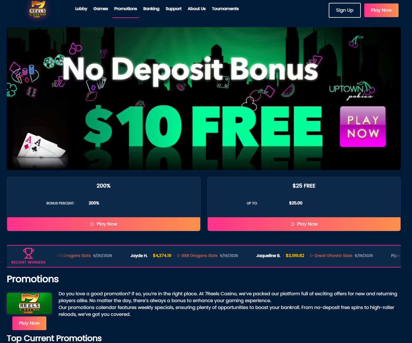 7Reels Promotions page with no-deposit artwork and offer panels